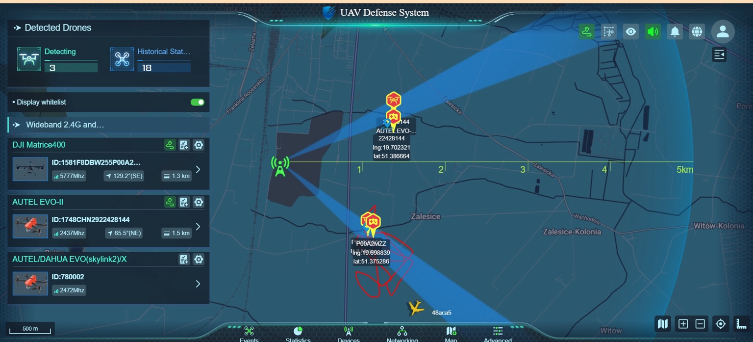 Ekran systemu: mapa wykrytych dronów i kierunki nadejścia sygnału